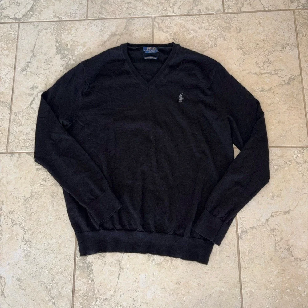 Polo Ralph Lauren Pullover Sweater Men's L Black Washable Merino Wool V Neck